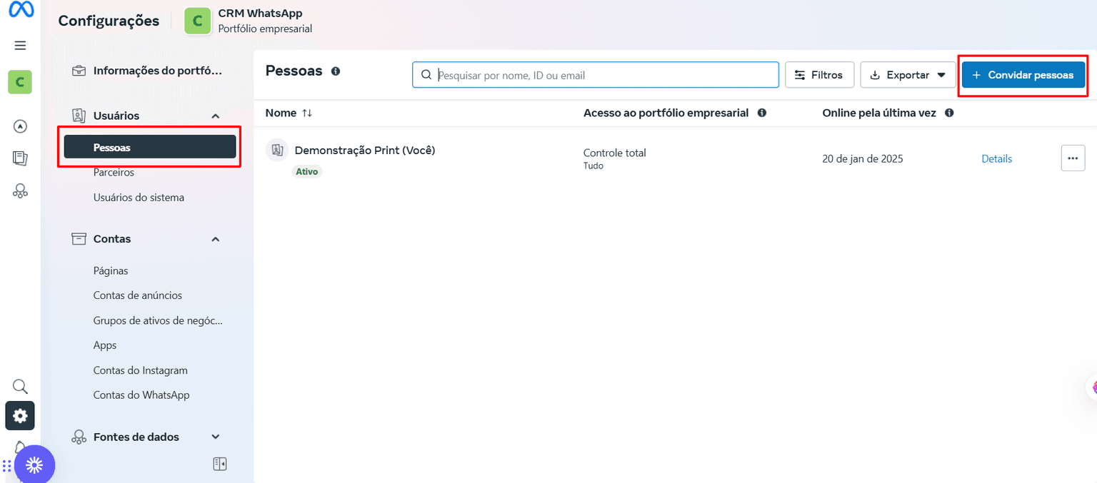 Aba Pessoas com o item do menu e o botão + Convidar pessoas em destaque
