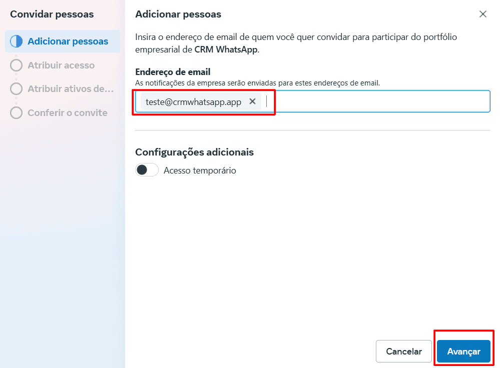 Janela "Adicionar pessoas" com o campo de e-mail preenchido e o botão Avançar em destaque