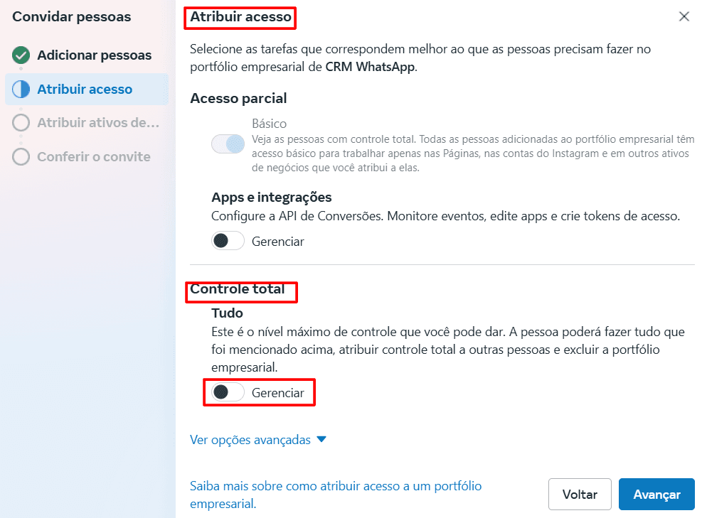 Etapa "Atribuir acesso" com as opções Acesso parcial, Apps e integrações e Controle total