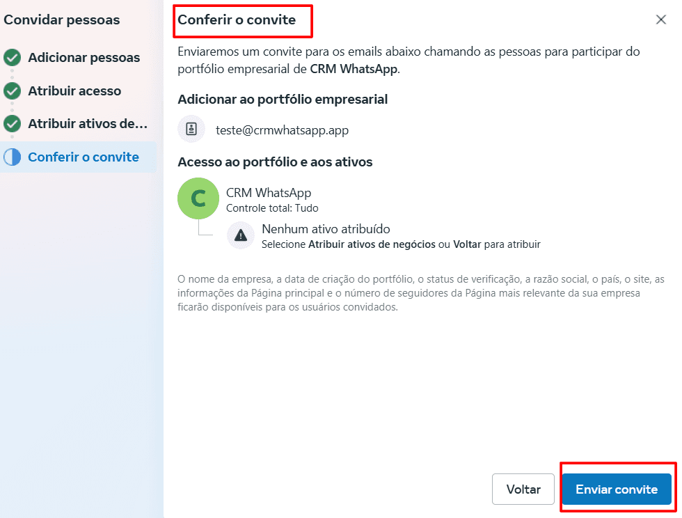 Etapa "Conferir o convite" com o resumo do acesso e o botão Enviar convite em destaque