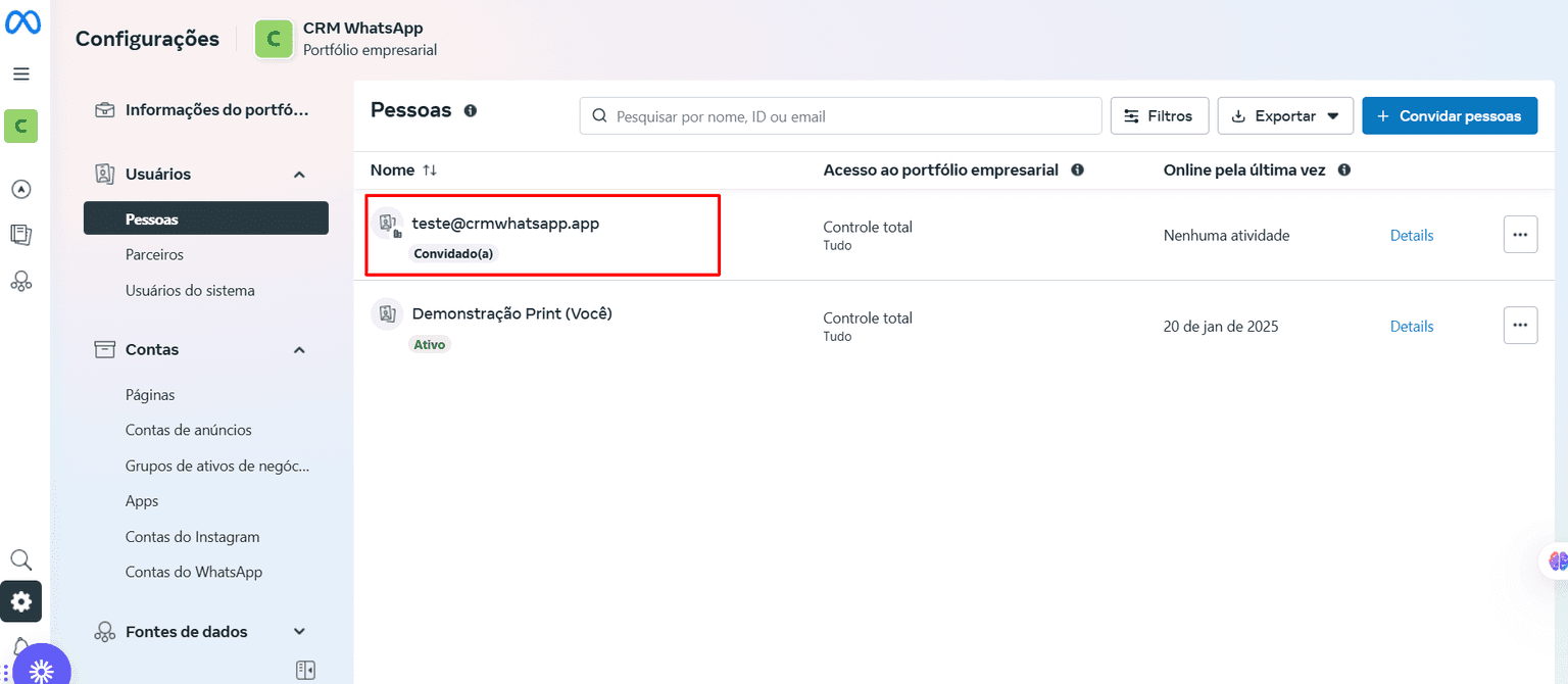 Lista de Pessoas mostrando o convidado com status Convidado(a)