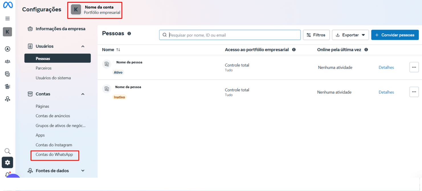 Configurações do portfólio empresarial com a opção Contas do WhatsApp em destaque no menu lateral
