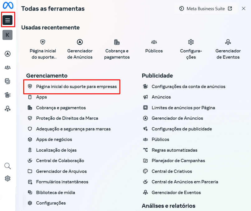 Menu Todas as ferramentas aberto pelo ícone de três barras, com a opção Página inicial do suporte para empresas em destaque
