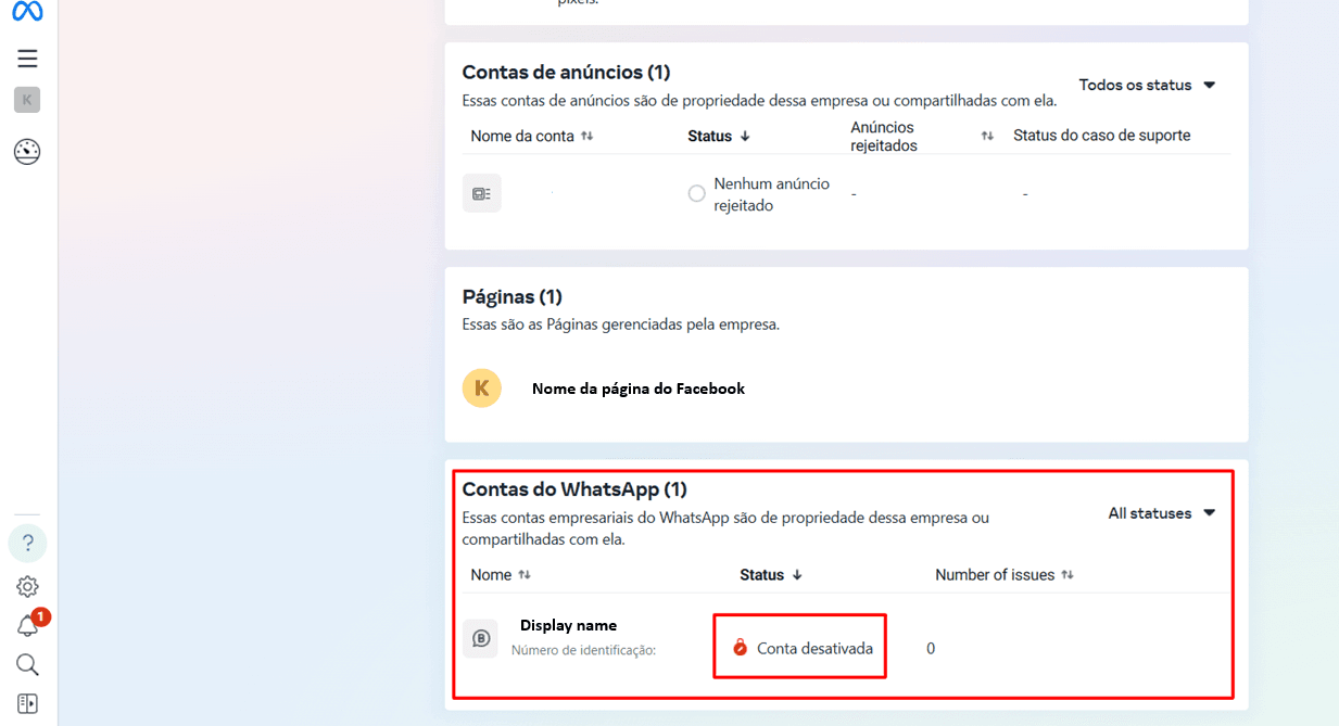 Seção Contas do WhatsApp na página de suporte, com o status Conta desativada em destaque