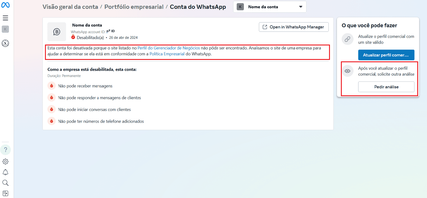 Página de detalhes da conta do WhatsApp com o motivo do bloqueio, a duração e o botão Pedir análise em destaque