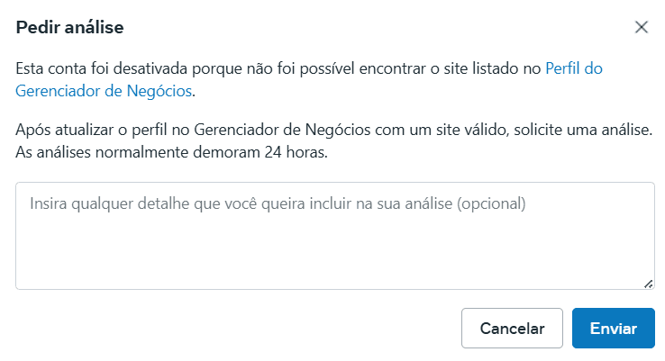 Janela Pedir análise com o campo para detalhes opcionais e os botões Cancelar e Enviar