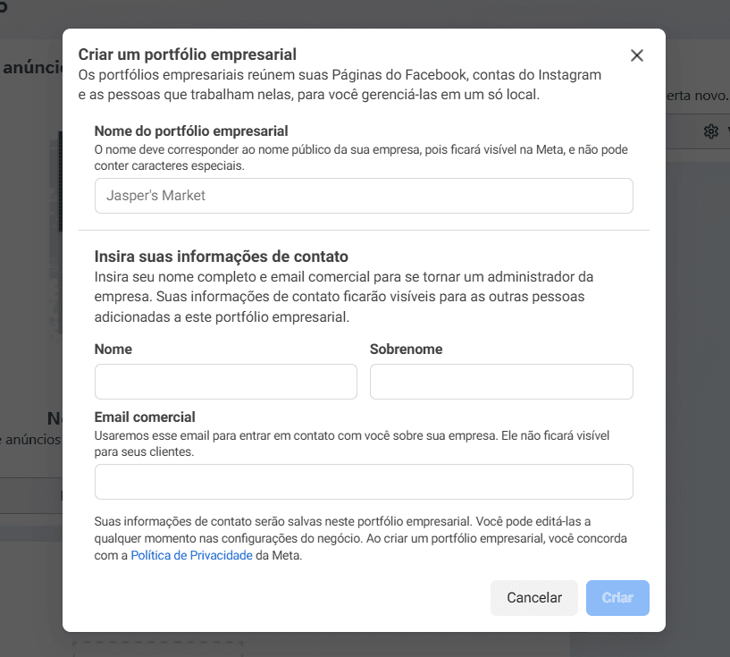 Formulário "Criar um portfólio empresarial" com os campos de nome, responsável e e-mail comercial