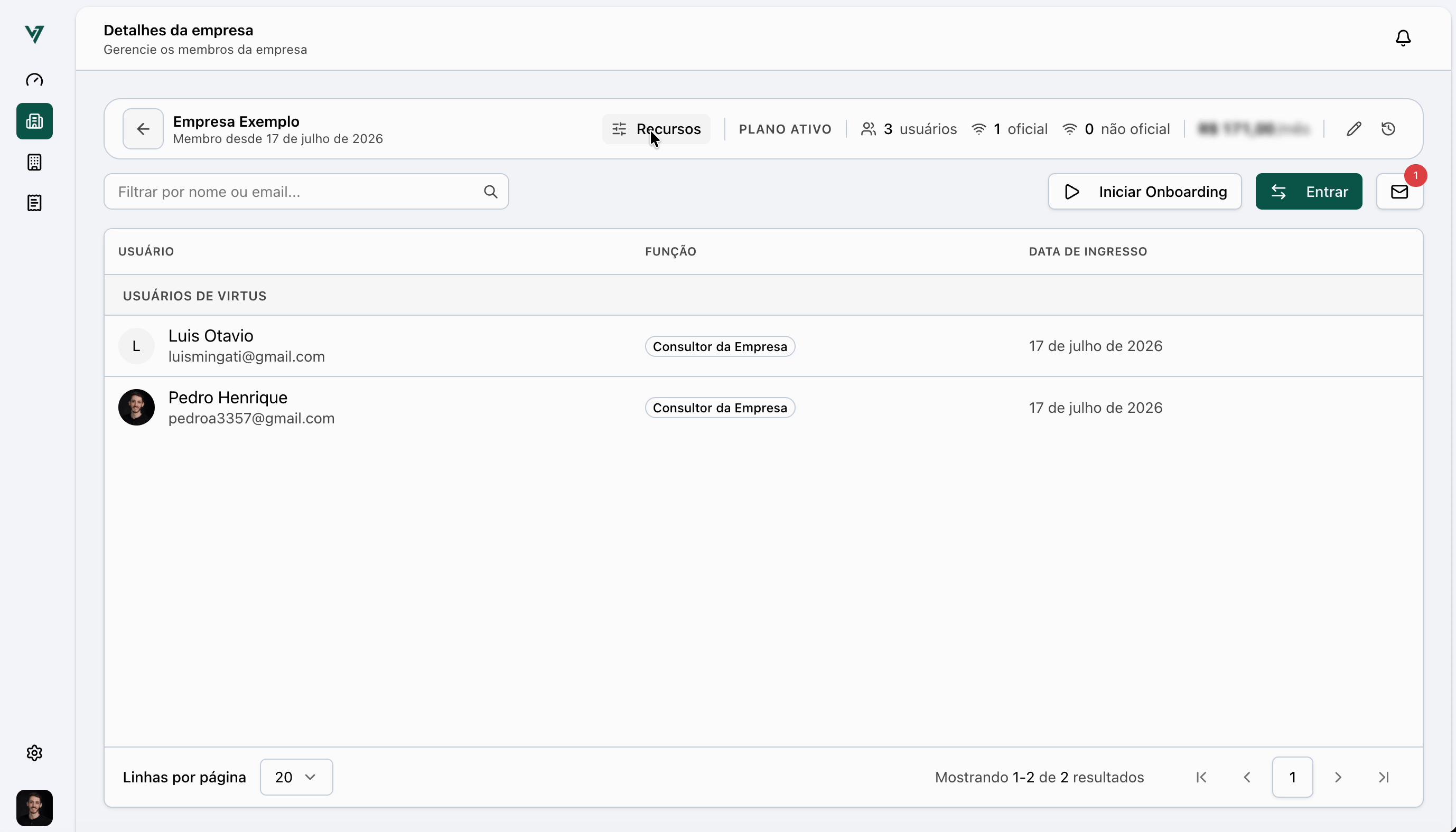 Alterando os recursos habilitados para uma empresa