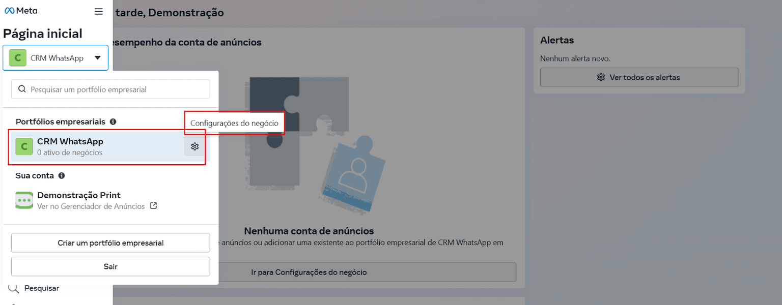 Seletor de portfólio empresarial aberto na página inicial da Meta, com a opção Configurações do negócio em destaque