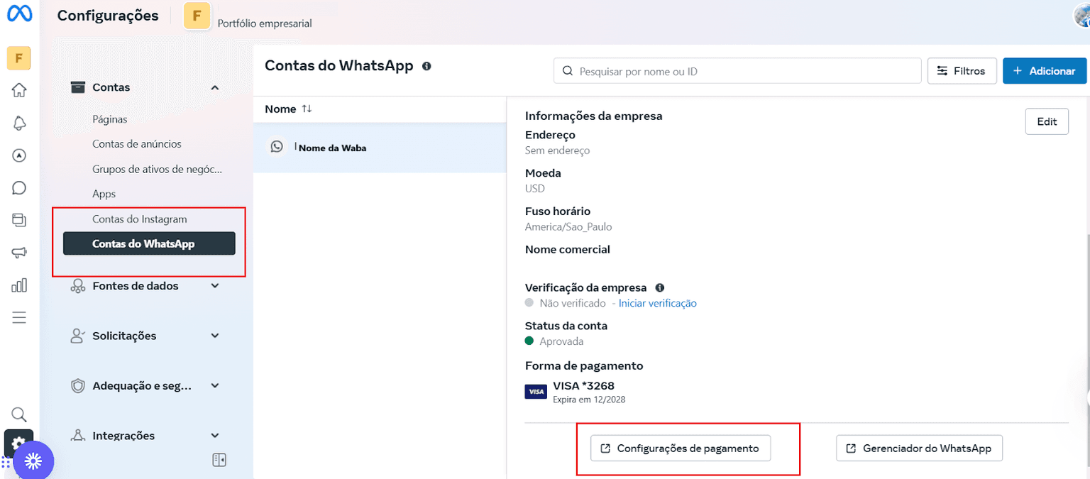 Tela Contas do WhatsApp com a conta selecionada e o botão Configurações de pagamento em destaque