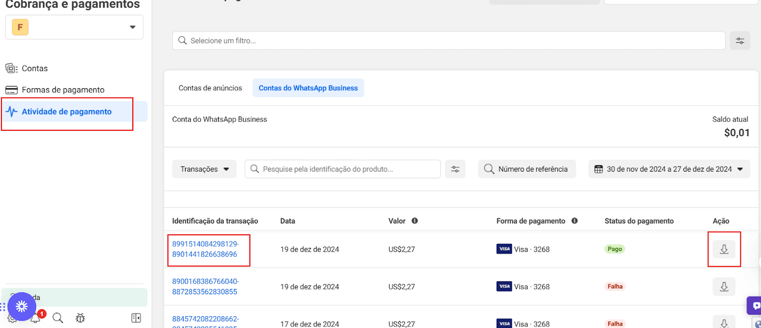 Página Atividade de pagamento aberta na aba Contas do WhatsApp Business, com a tabela de transações, o seletor de período e o botão de download de cada linha em destaque