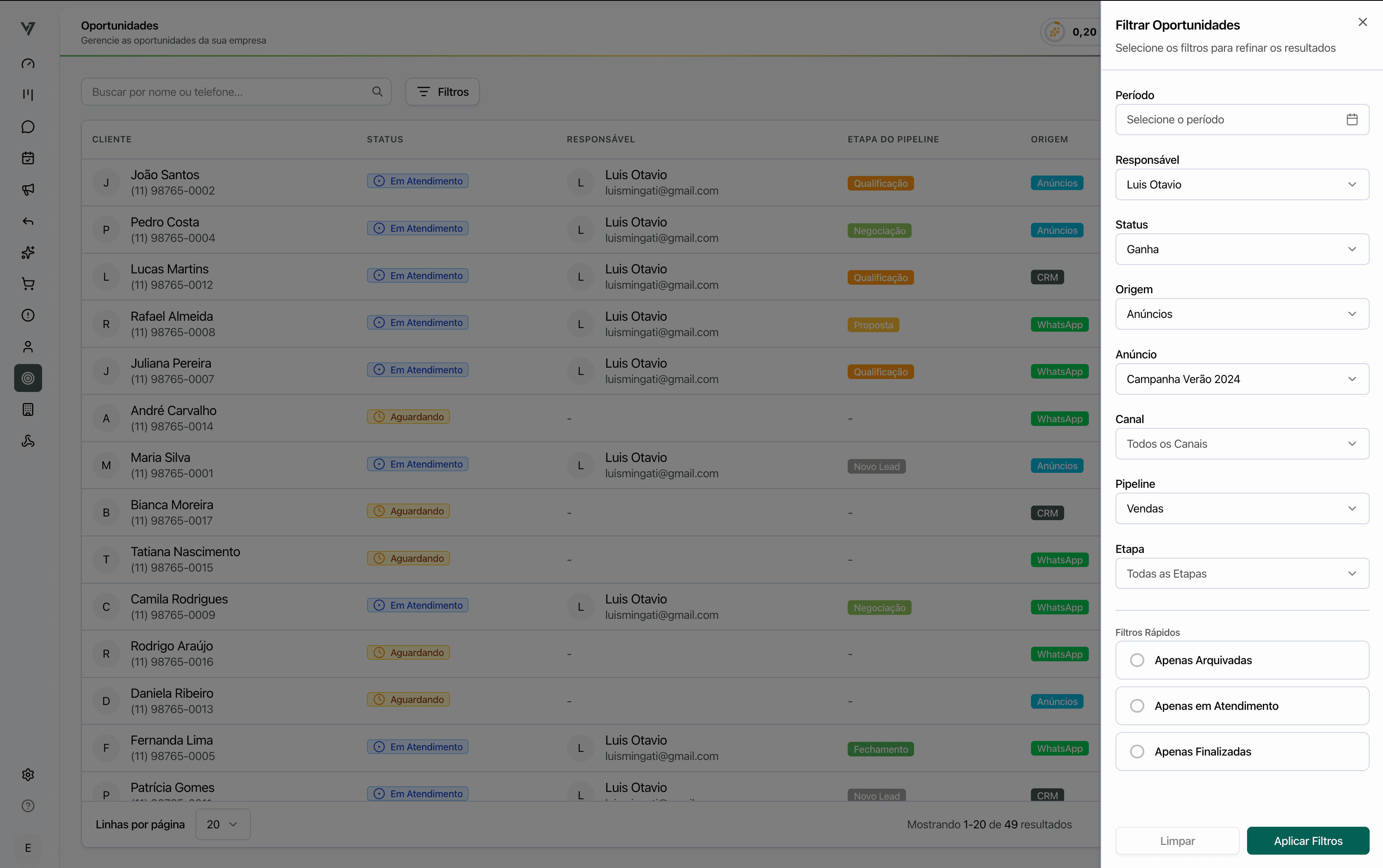Painel de Filtros aberto, com os campos de recorte da lista