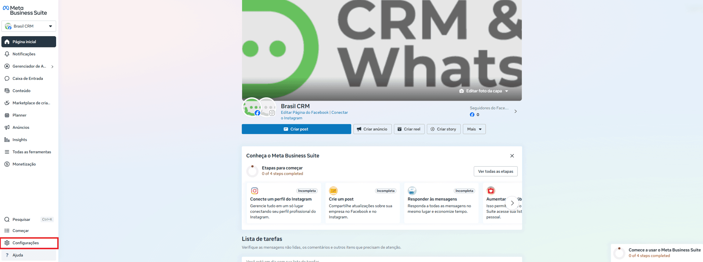 Página inicial do Meta Business Suite com o item Configurações em destaque no menu lateral