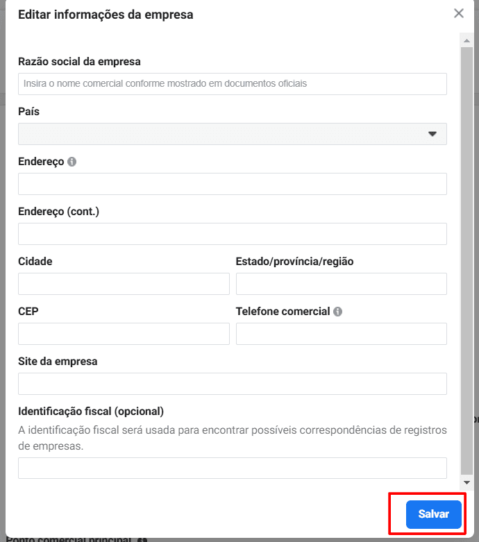 Formulário "Editar informações da empresa" preenchido, com o botão Salvar em destaque