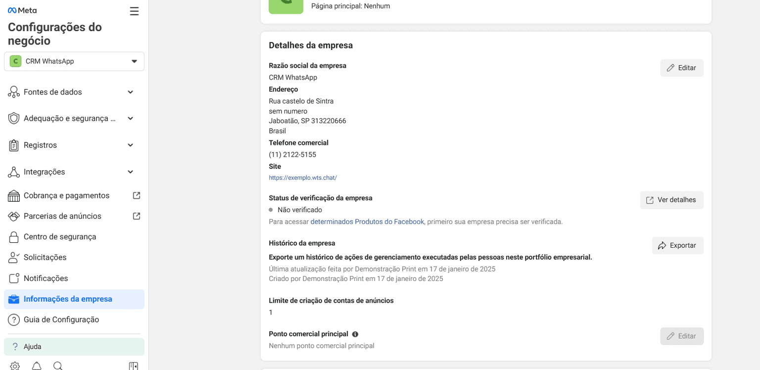Seção "Detalhes da empresa" preenchida com razão social, endereço, telefone e site da empresa