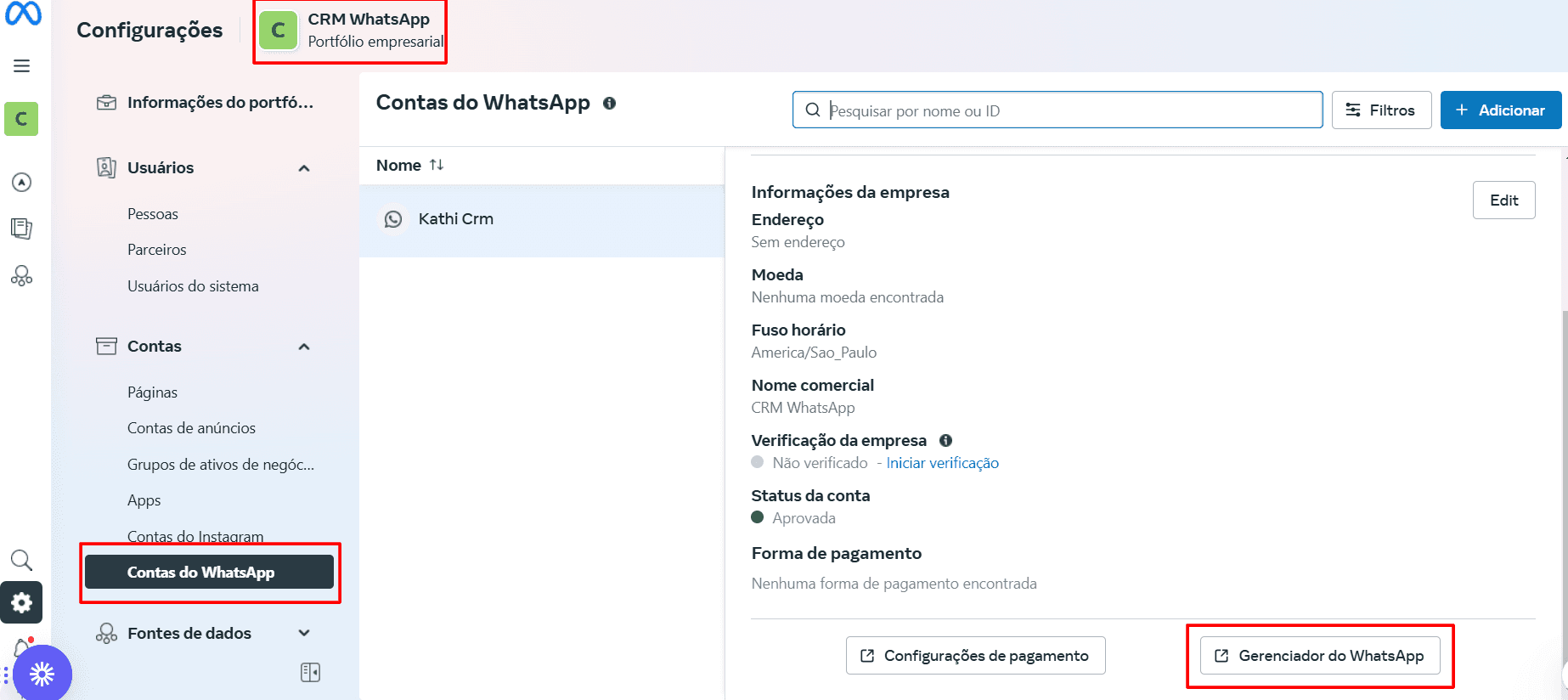 Aba Contas do WhatsApp com o botão Gerenciador do WhatsApp em destaque no rodapé do painel