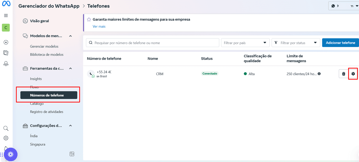 Gerenciador do WhatsApp em Números de telefone, com o ícone de engrenagem ao lado do número em destaque