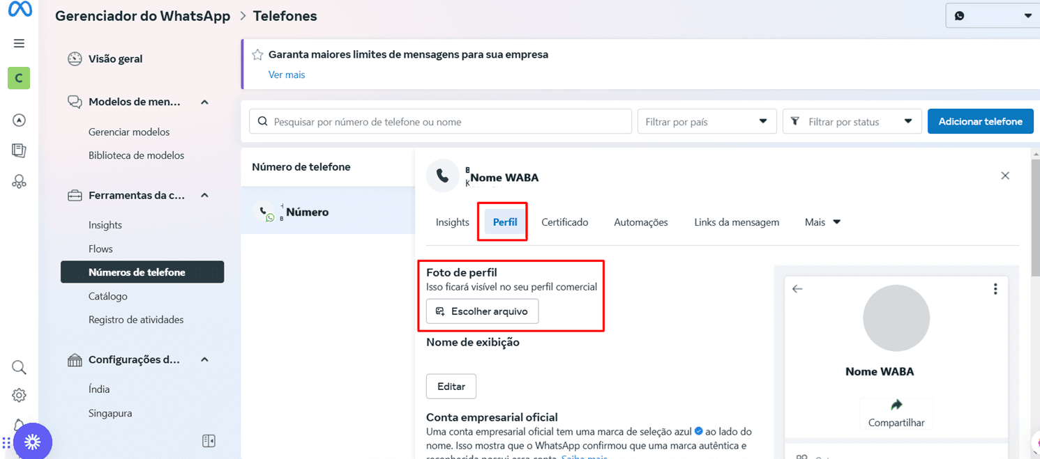 Aba Perfil do número com a seção Foto de perfil e o botão Escolher arquivo em destaque