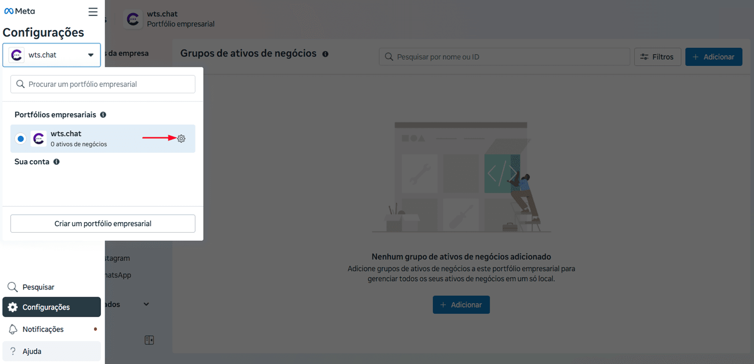 Menu de seleção de portfólio empresarial aberto nas Configurações, com o ícone de engrenagem do portfólio em destaque