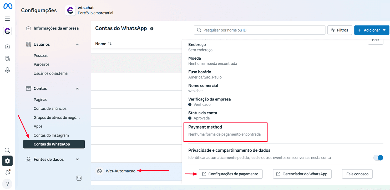 Tela Contas do WhatsApp com a conta selecionada e o botão Configurações de pagamento em destaque