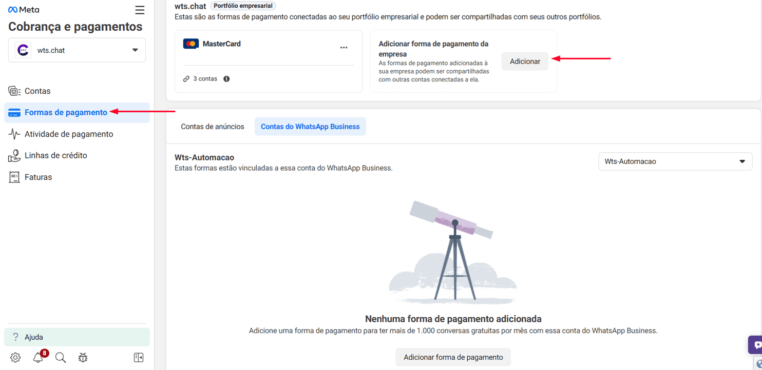 Menu lateral Formas de pagamento selecionado, com a seção Adicionar forma de pagamento da empresa e o botão Adicionar em destaque