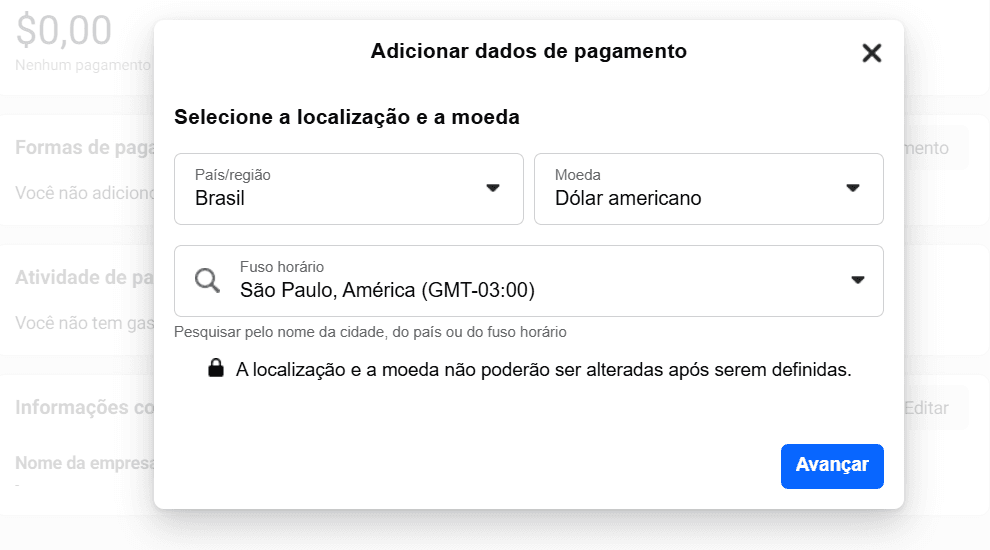 Janela Adicionar dados de pagamento com País/região Brasil, Moeda Dólar americano e Fuso horário São Paulo selecionados
