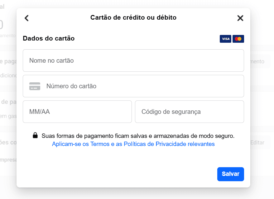 Janela Cartão de crédito ou débito com os campos Nome no cartão, Número do cartão, validade (MM/AA) e Código de segurança