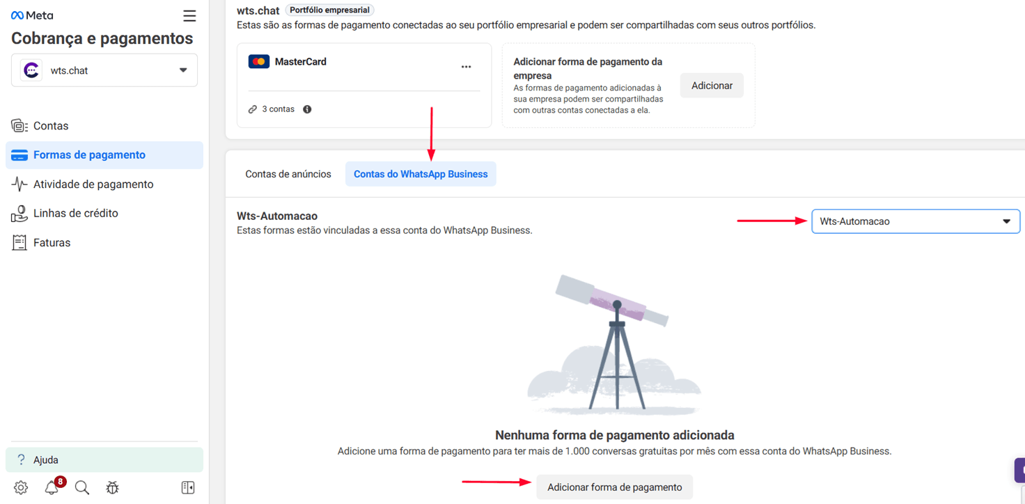 Aba Contas do WhatsApp Business em Formas de pagamento, com a conta selecionada e o botão Adicionar forma de pagamento em destaque