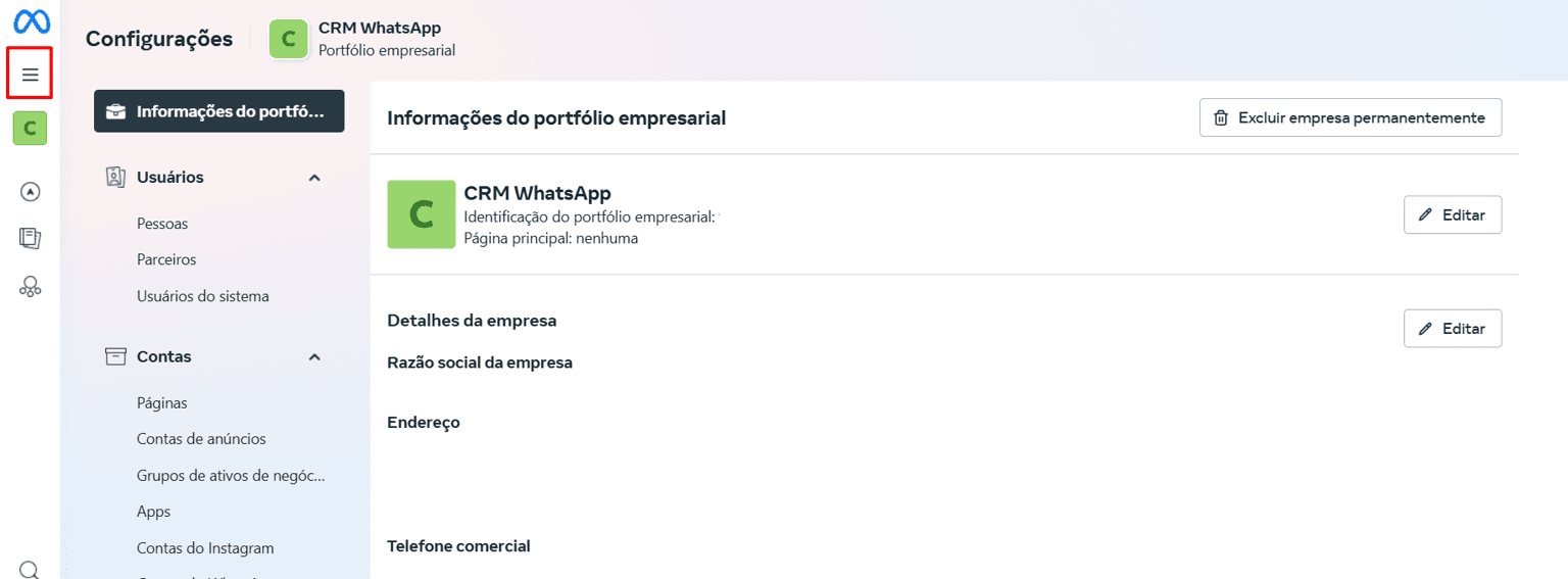 Tela de Configurações do portfólio empresarial no Meta Business Manager, com o ícone de menu no canto superior esquerdo em destaque