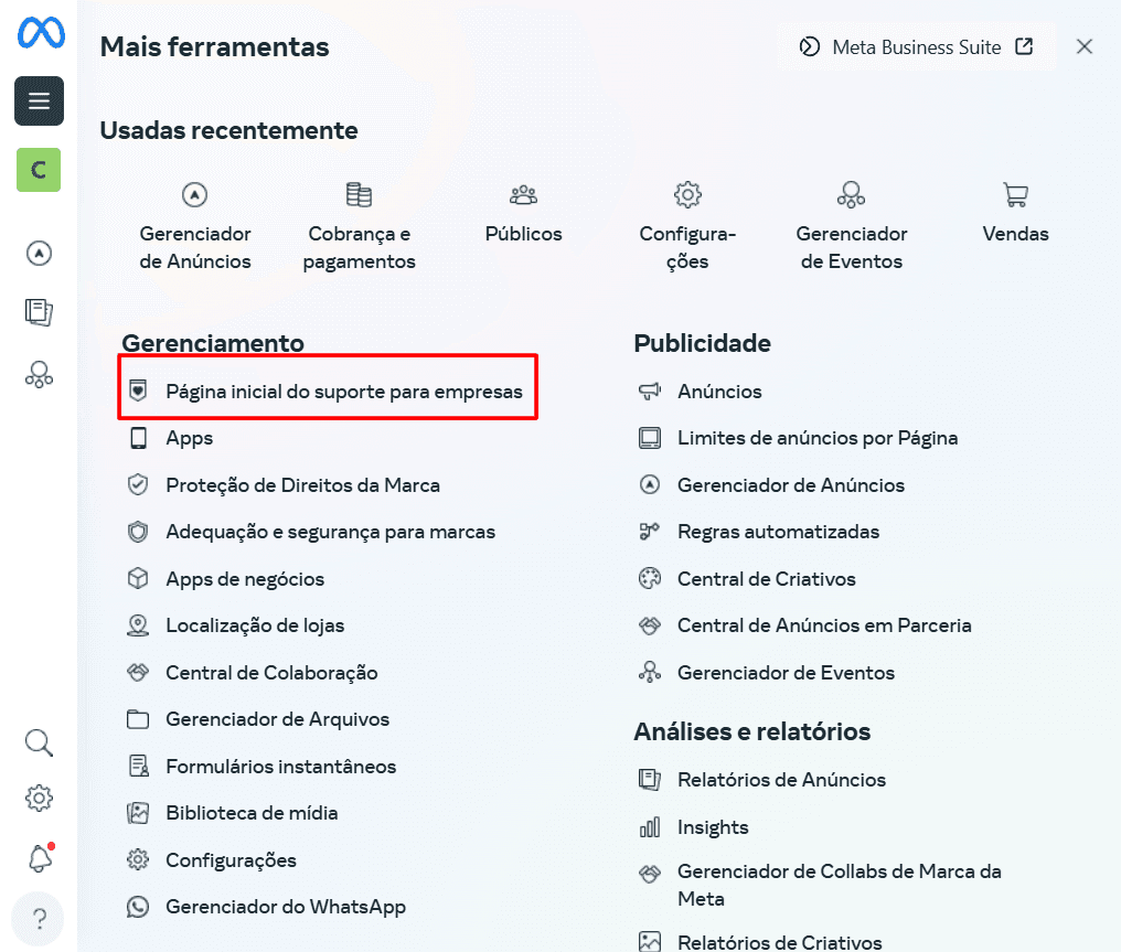 Menu Mais ferramentas aberto, com a opção Página inicial do suporte para empresas em destaque na seção Gerenciamento