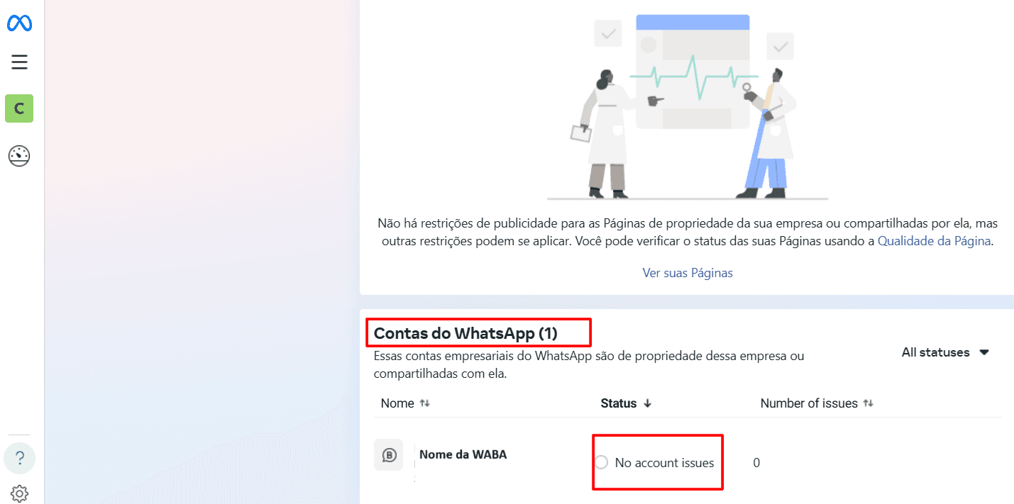 Página inicial de suporte com a seção Contas do WhatsApp e a coluna Status em destaque