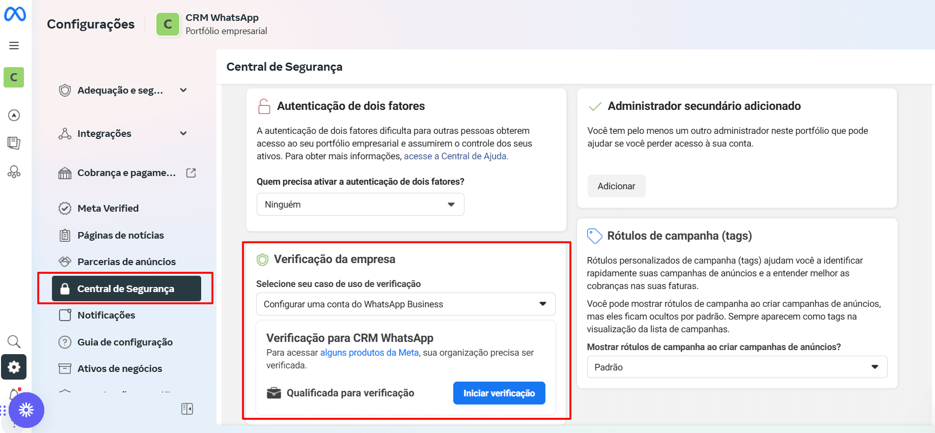 Central de Segurança com o card Verificação da empresa em destaque e o botão Iniciar verificação
