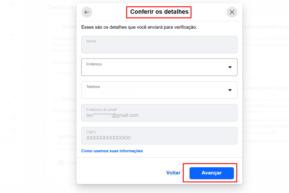 Tela "Conferir os detalhes" com os dados da empresa e o botão Avançar em destaque
